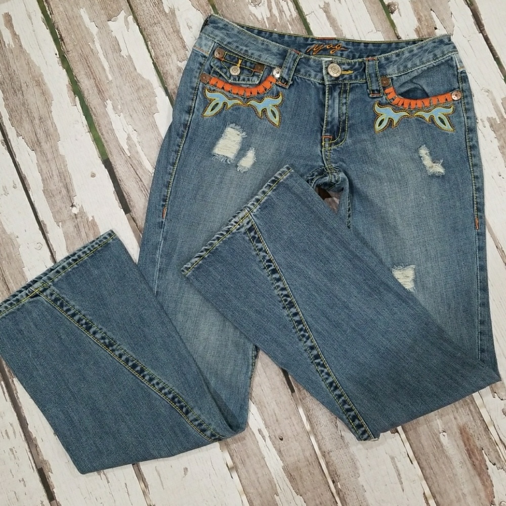 YAG Embroidered Jeans - Size 5 - BOHO FLARED LEG